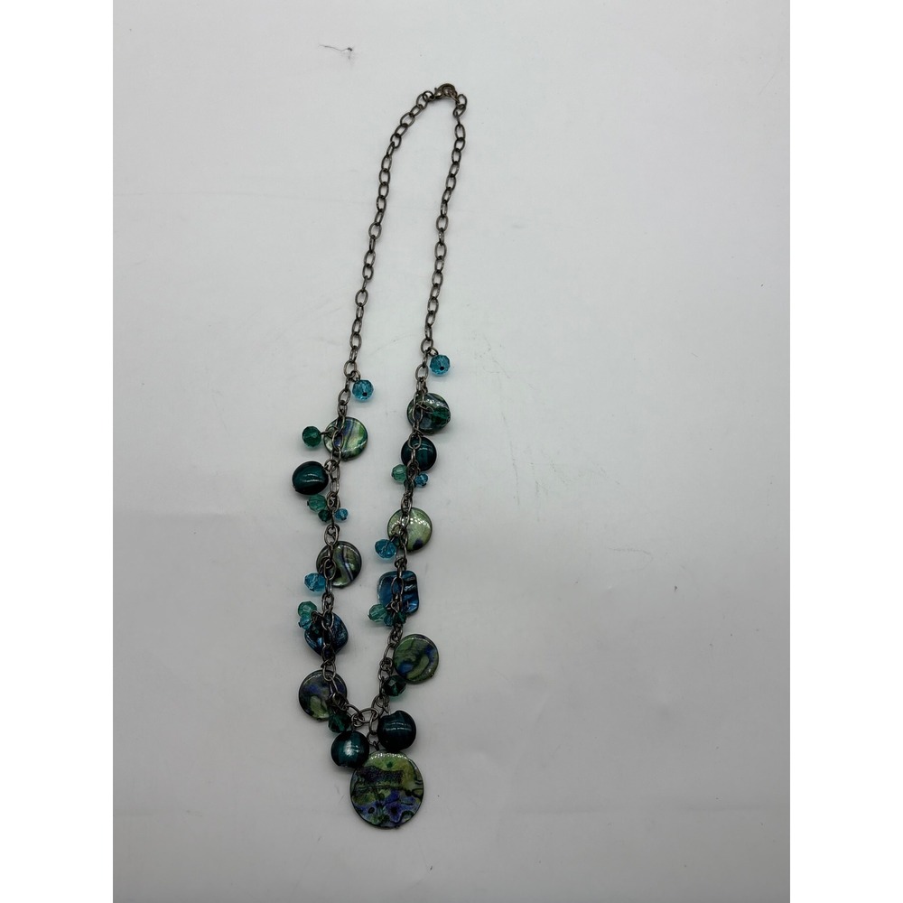 Silver Tone Necklace Iridescent Blue Green Glass Beads Coastal Boho 22 Inch J319